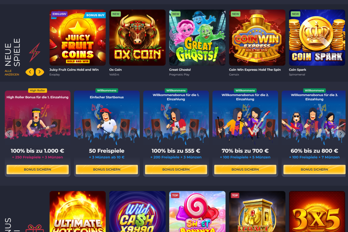 Rolling Slots Casino Lobby mit neuen Spielen und gestaffeltem Willkommensbonus