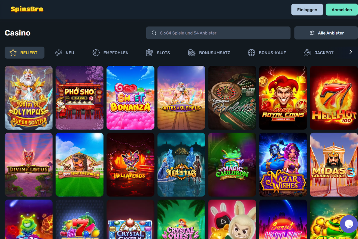 SpinsBro Casino Spielelobby mit Slot-Auswahl und Suchfeld für über 8.000 Spiele